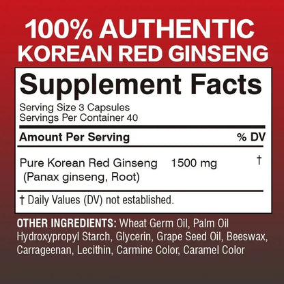Korean Red Panax Ginseng Supplement - Enhances Endurance,Strength and Mood Balance Strong for Energy, Stamina and Focus - 120pcs