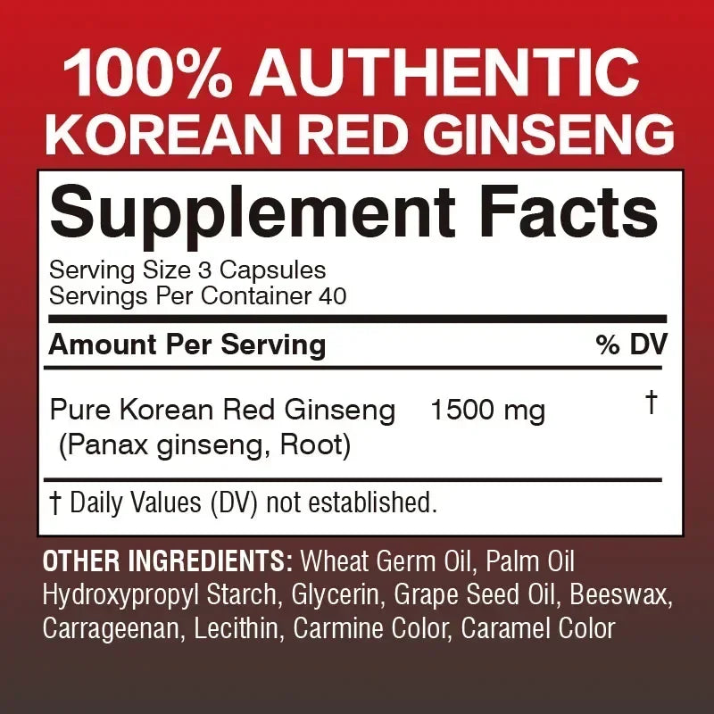 Korean Red Panax Ginseng Supplement - Enhances Endurance,Strength and Mood Balance Strong for Energy, Stamina and Focus - 120pcs